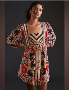 Anthropologie Nikasha Floral Puff Sleeve Baroque Mini Dress Size Small/ Medium